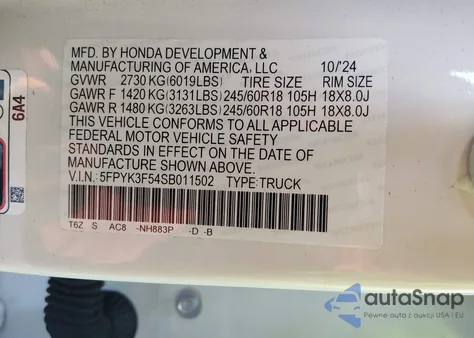 2025 Honda Ridgeline Rtl from USA, damaged, VIN 5FPYK3F54SB011502